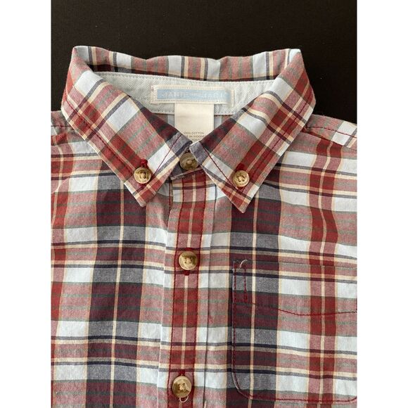 ~ Janie and Jack 12-18mo Button Down Shirt Plaid Blue Navy Burgundy Tan Cotton - Picture 2 of 7